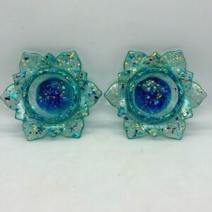 Resin Lotus Flower Tealight Holder, Set of 2. Aqua Blue, With Glitter. NWOT.